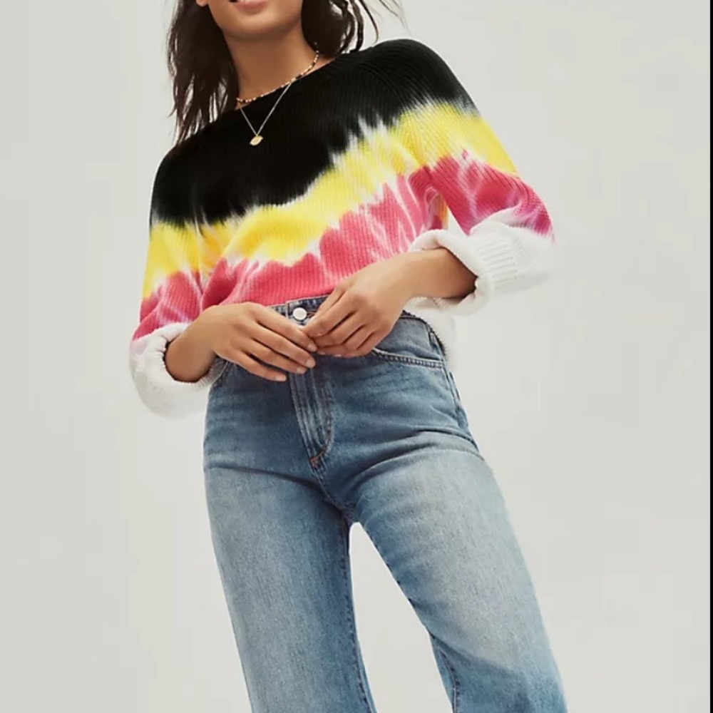 Anthropologie 525 Alena Black Pink Yellow Cotton Tie-Dye Pullover Sweater Medium